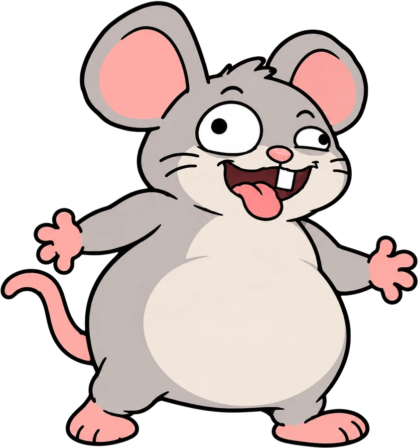 Cheddy, a chubby derpy cartoon mouse